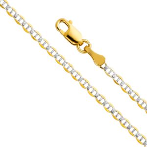 14k real two tone gold solid 2mm flat mariner white pave chain necklace with lobster claw clasp - 20"