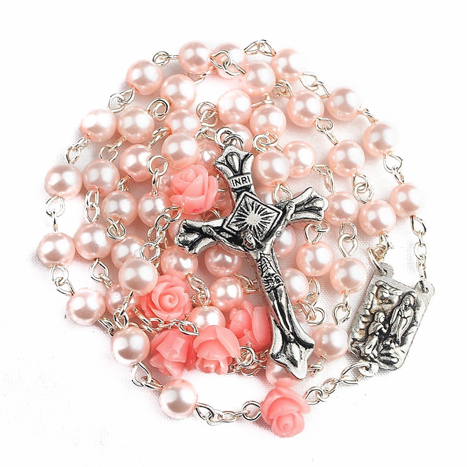 Nazareth Store Catholic Pink Pearl Beads Rosary Necklace Our Rose Flowers, Lourdes Medal & Cross NS