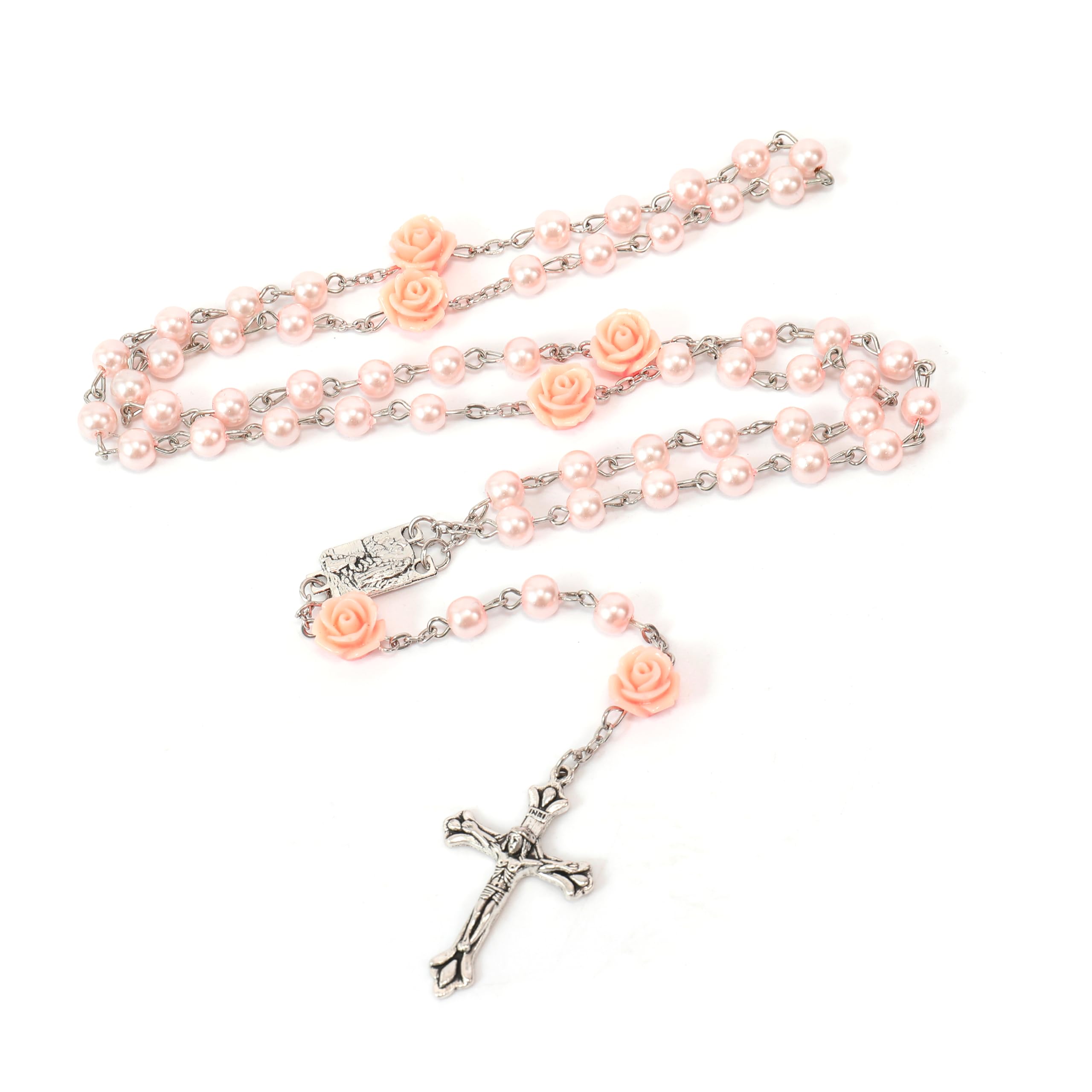 Nazareth Store Catholic Pink Pearl Beads Rosary Necklace Our Rose Flowers, Lourdes Medal & Cross NS