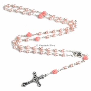 Nazareth Store Catholic Pink Pearl Beads Rosary Necklace Our Rose Flowers, Lourdes Medal & Cross NS