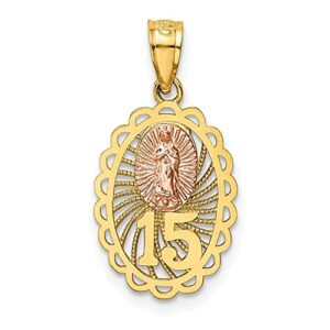 icecarats 14k two tone gold quinceanera 15 years old birthday our lady of guadalupe virgin mary necklace virgencita maria rosa pendant catholic christian holy mother medallion charm only