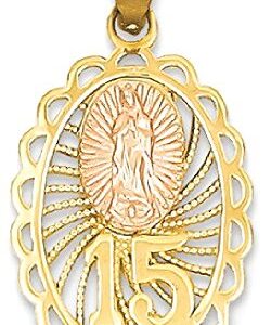 IceCarats 14K Two Tone Gold Quinceanera 15 Years Old Birthday Our Lady of Guadalupe Virgin Mary Necklace Virgencita Maria Rosa Pendant Catholic Christian Holy Mother Medallion Charm Only