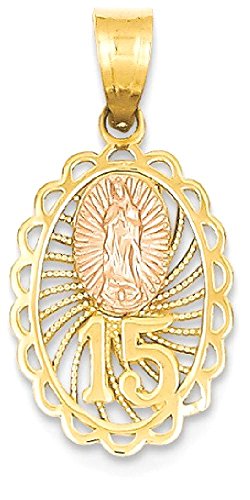 IceCarats 14K Two Tone Gold Quinceanera 15 Years Old Birthday Our Lady of Guadalupe Virgin Mary Necklace Virgencita Maria Rosa Pendant Catholic Christian Holy Mother Medallion Charm Only