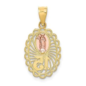 IceCarats 14K Two Tone Gold Quinceanera 15 Years Old Birthday Our Lady of Guadalupe Virgin Mary Necklace Virgencita Maria Rosa Pendant Catholic Christian Holy Mother Medallion Charm Only