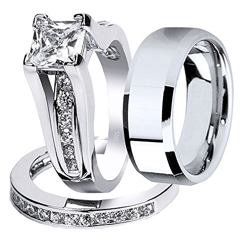 MABELLA Wedding Ring Sets Couples Rings Women's Size 10 Sterling Silver Princess Cubic Zirconia Men’s Size 12 Stainless Steel Bands