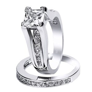 MABELLA Wedding Ring Sets Couples Rings Women's Size 10 Sterling Silver Princess Cubic Zirconia Men’s Size 12 Stainless Steel Bands