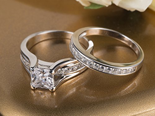 MABELLA Wedding Ring Sets Couples Rings Women's Size 10 Sterling Silver Princess Cubic Zirconia Men’s Size 12 Stainless Steel Bands