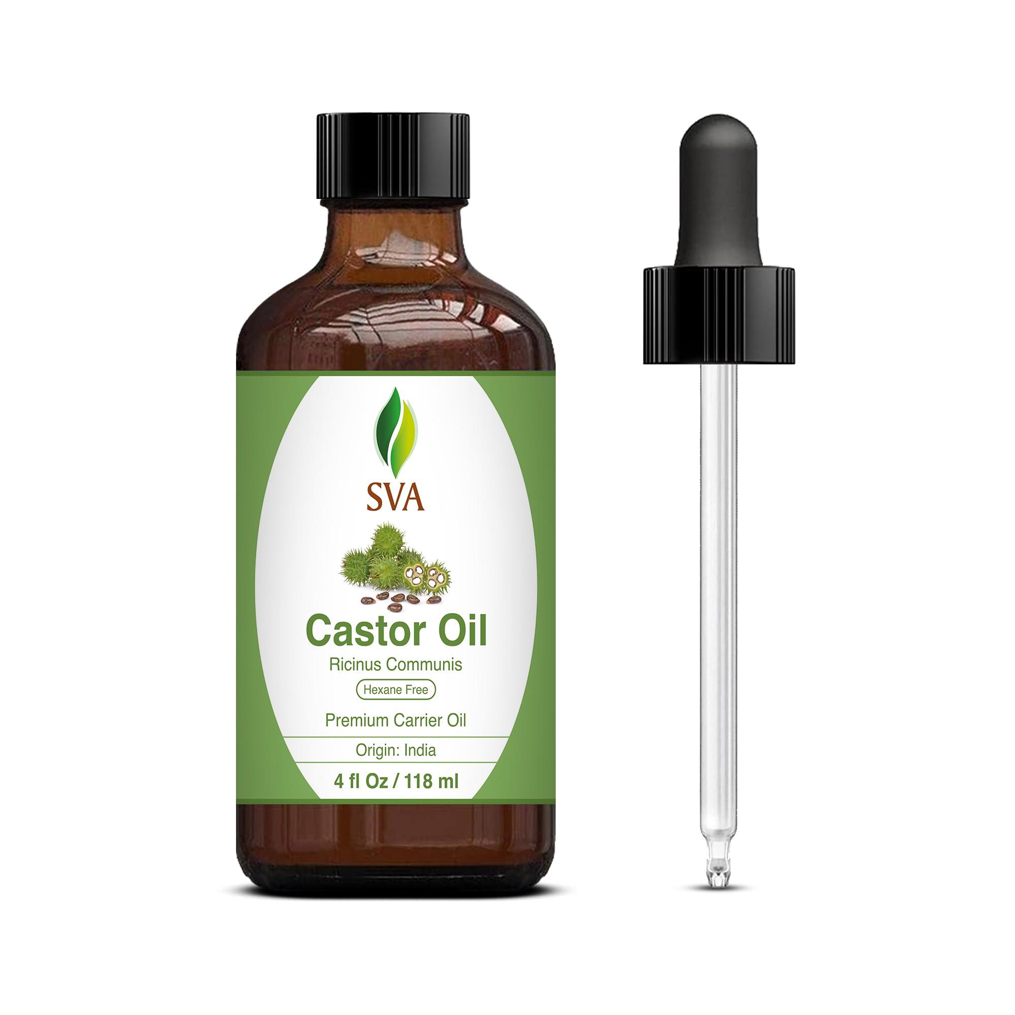 SVA Castor Oil 4 oz (118 ml) Premium Carrier Oil, Cold–Pressed, Hexane Free, with Dropper for Hair Care, Hair Oiling, Scalp Massage, Skin Care & Massage