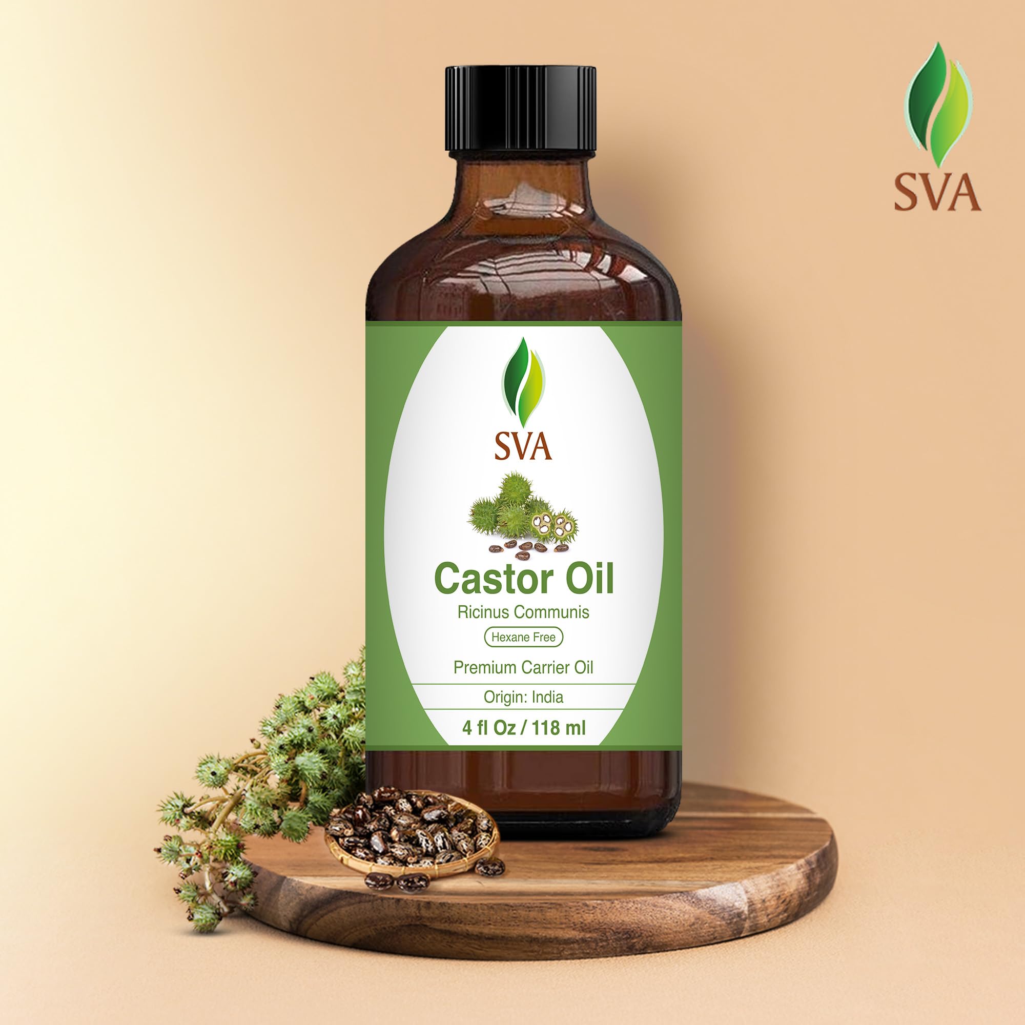 SVA Castor Oil 4 oz (118 ml) Premium Carrier Oil, Cold–Pressed, Hexane Free, with Dropper for Hair Care, Hair Oiling, Scalp Massage, Skin Care & Massage