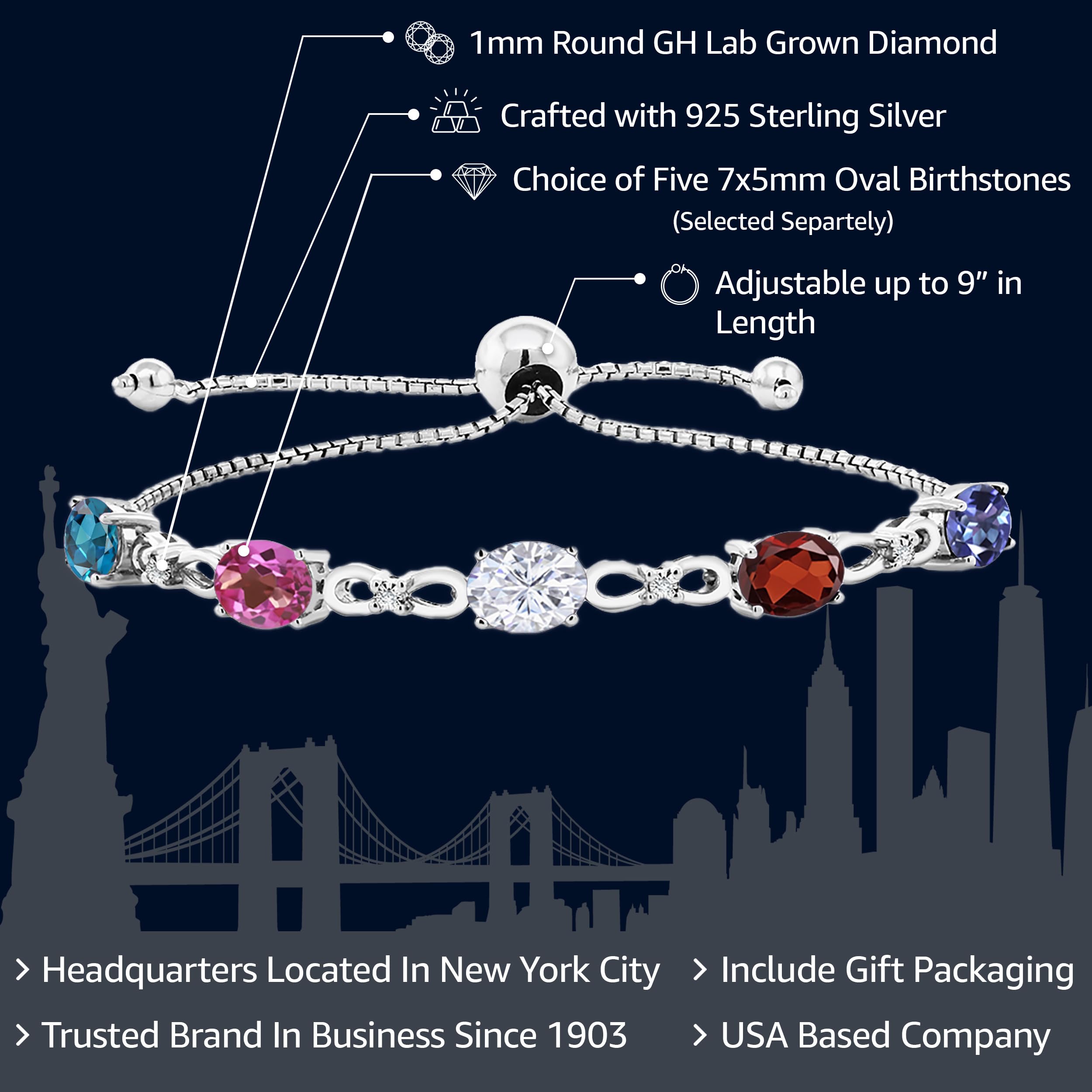 Gem Stone King 925 Sterling Silver Build Your Own Personalized 5 Birthstones and White Lab Grown Diamond Tennis Bracelet For Women Adjustable up to 9 Inches