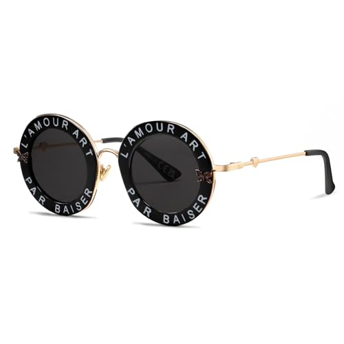 SHEEN KELLY Retro Round Sunglasses for Women Men bee Fashion Black Shades Metal Frame Sunglasses Chic Style Unisex Glasses