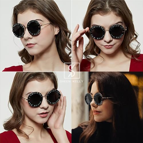 SHEEN KELLY Retro Round Sunglasses for Women Men bee Fashion Black Shades Metal Frame Sunglasses Chic Style Unisex Glasses