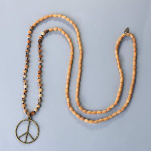 KELITCH Classic Peace Sign Necklace Love Hippie Pendant Frosted Crystal Beaded Necklace for Women (Grey White)