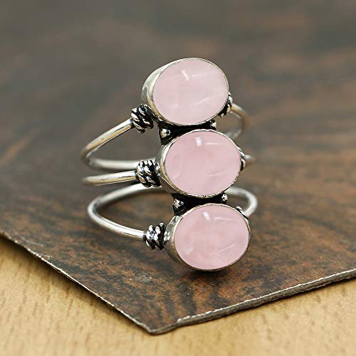 925 Silver Plated 8.65Cts Natural Rose Quartz Ring Size 7.5 For Women, Pink Stone January Birthstone Ring Jewelry Gift For Women Mom Wife