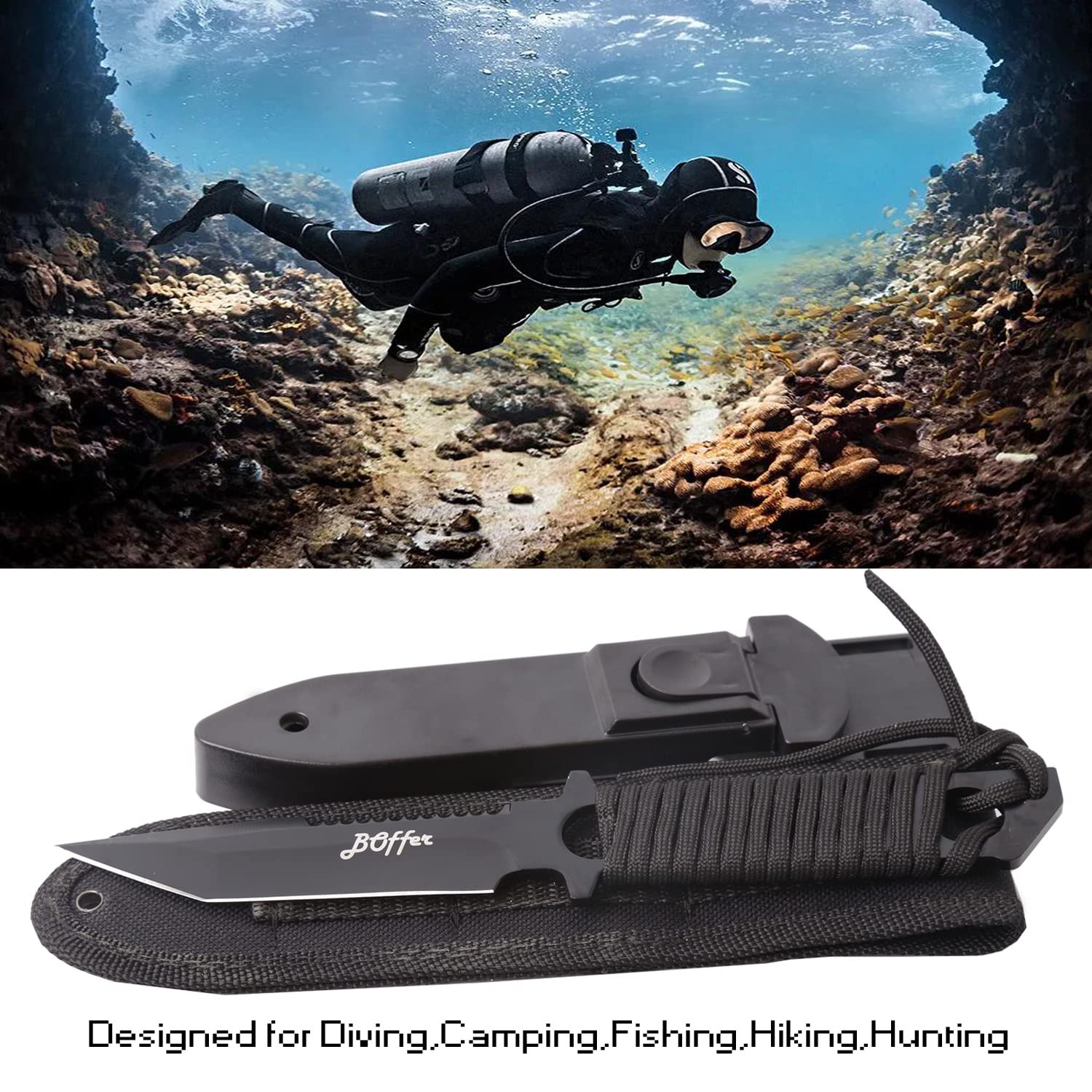 Dive Knife Scuba Diving Knife, Black Tactical Sharp Blade knives, Divers dive tool with 2 Types Sheaths,Sawing Edge and 2 Pairs Leg Straps for Snorkeling,Hunting,Camping