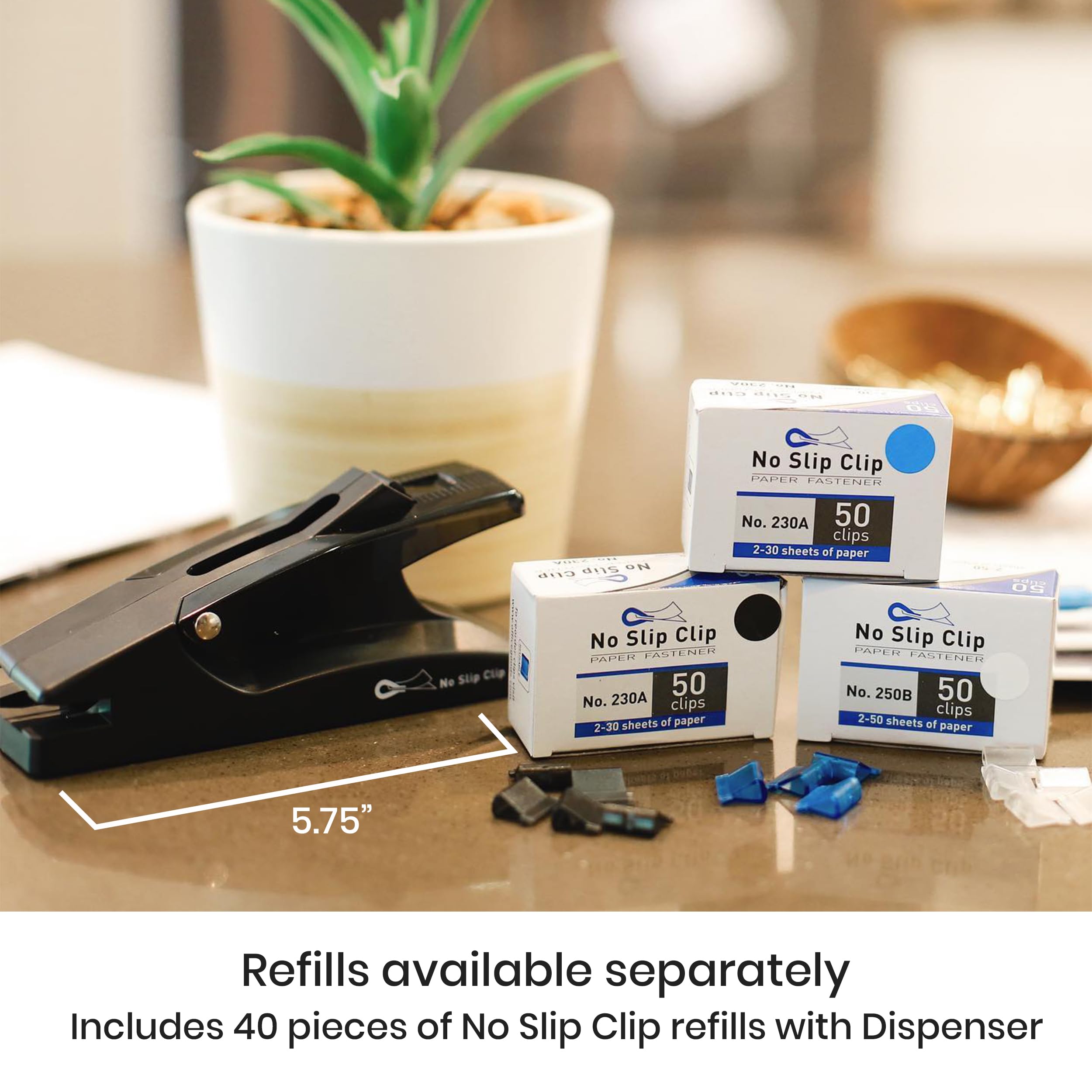 OfficeGoods No Slip Clip Staple Free Stapler - Revolutionary Clasp & Fastener for Documents & Reports - Holds 2 to 50 Pages Perfectly Without Staples - 40 Reusable Clips