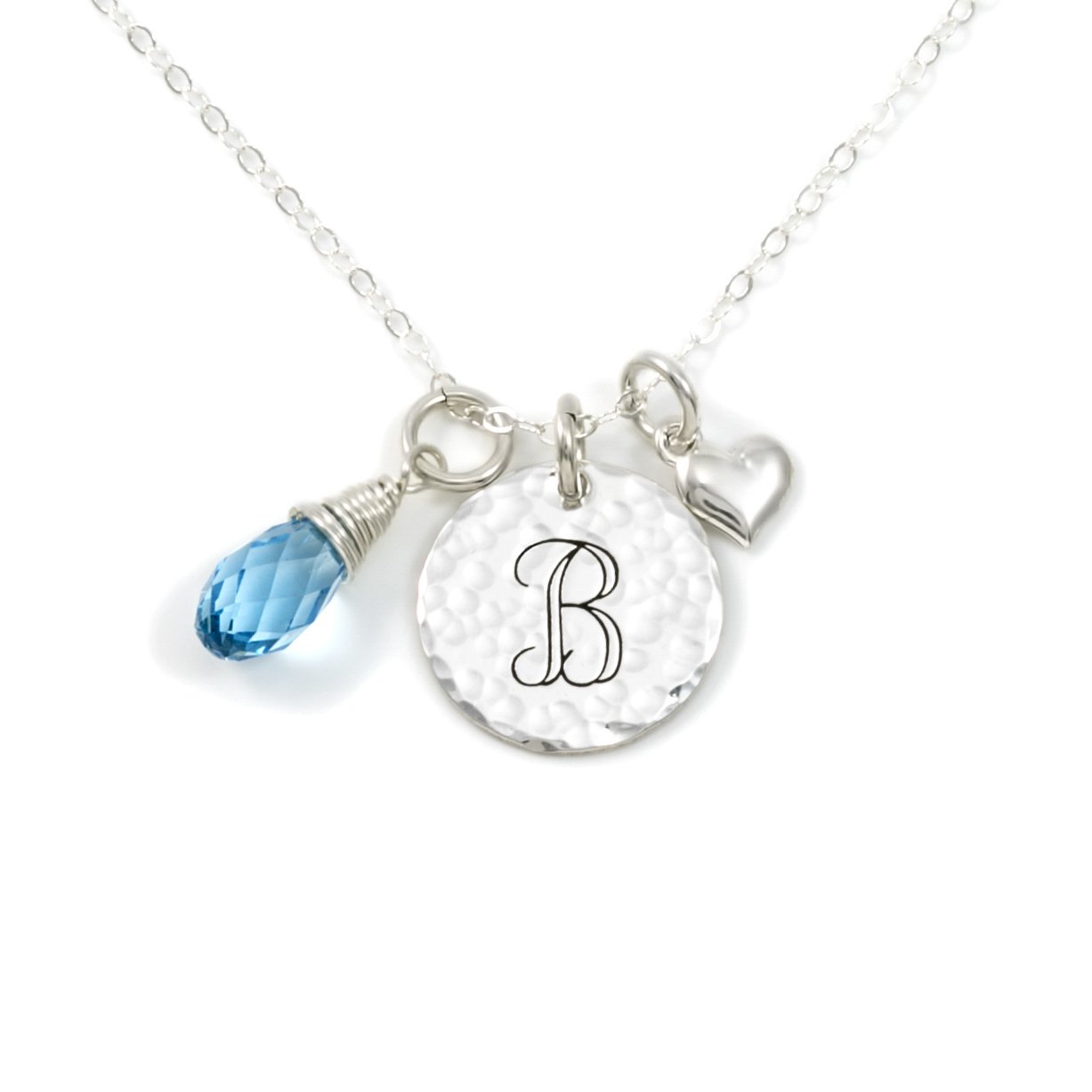 Keep It Simple- Personalized Sterling Silver Initial Monogram and Heart Charm Necklace with Swarovski® Birthstone Briolette. Chic Gifts for Her, Wife, Girlfriend, and more