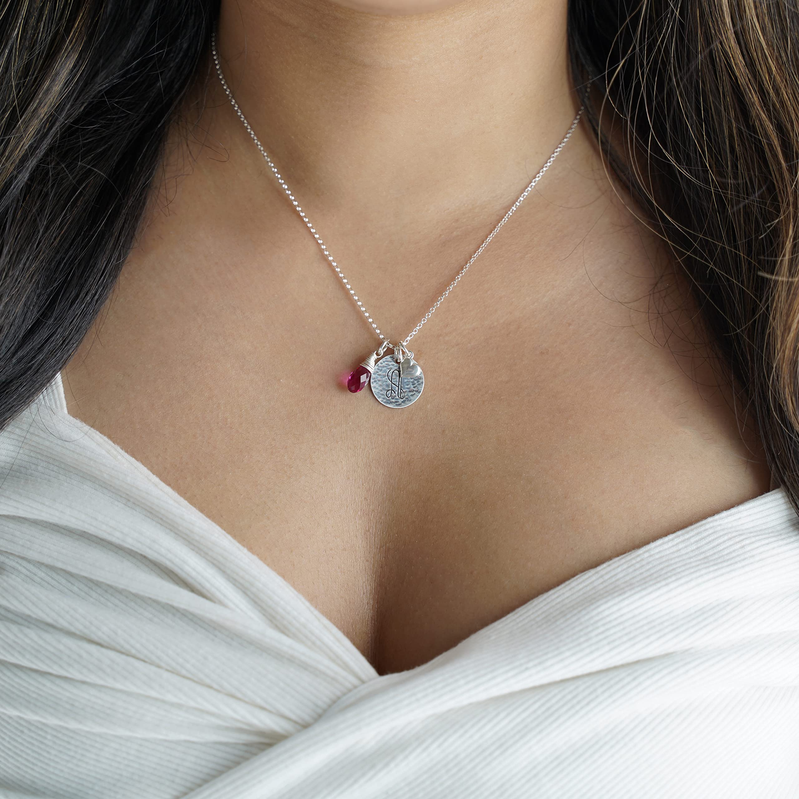 Keep It Simple- Personalized Sterling Silver Initial Monogram and Heart Charm Necklace with Swarovski® Birthstone Briolette. Chic Gifts for Her, Wife, Girlfriend, and more