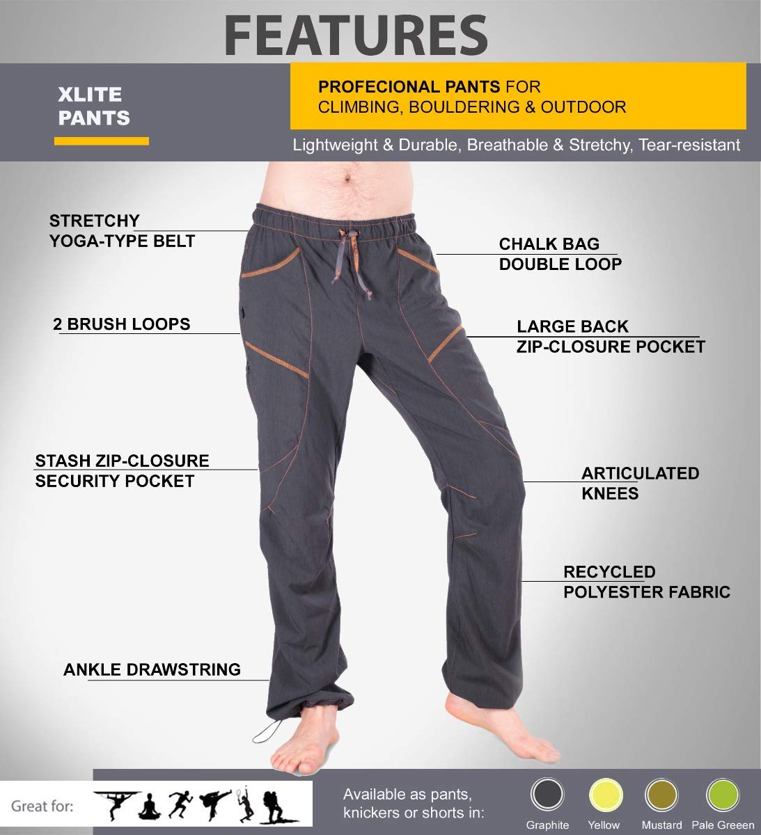 Ucraft "Xlite Rock Climbing, Bouldering and Yoga Pants. Lightweight, Stretching, Breathable (Size M, Color Mustard)