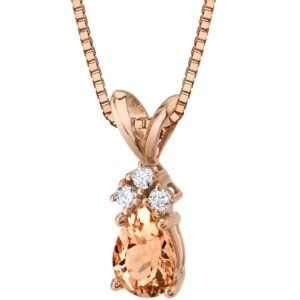 PEORA 14K Rose Gold Morganite and Diamond Pendant for Women, Genuine Gemstone Dainty Teardrop Solitaire, Pear Shape, 7x5mm