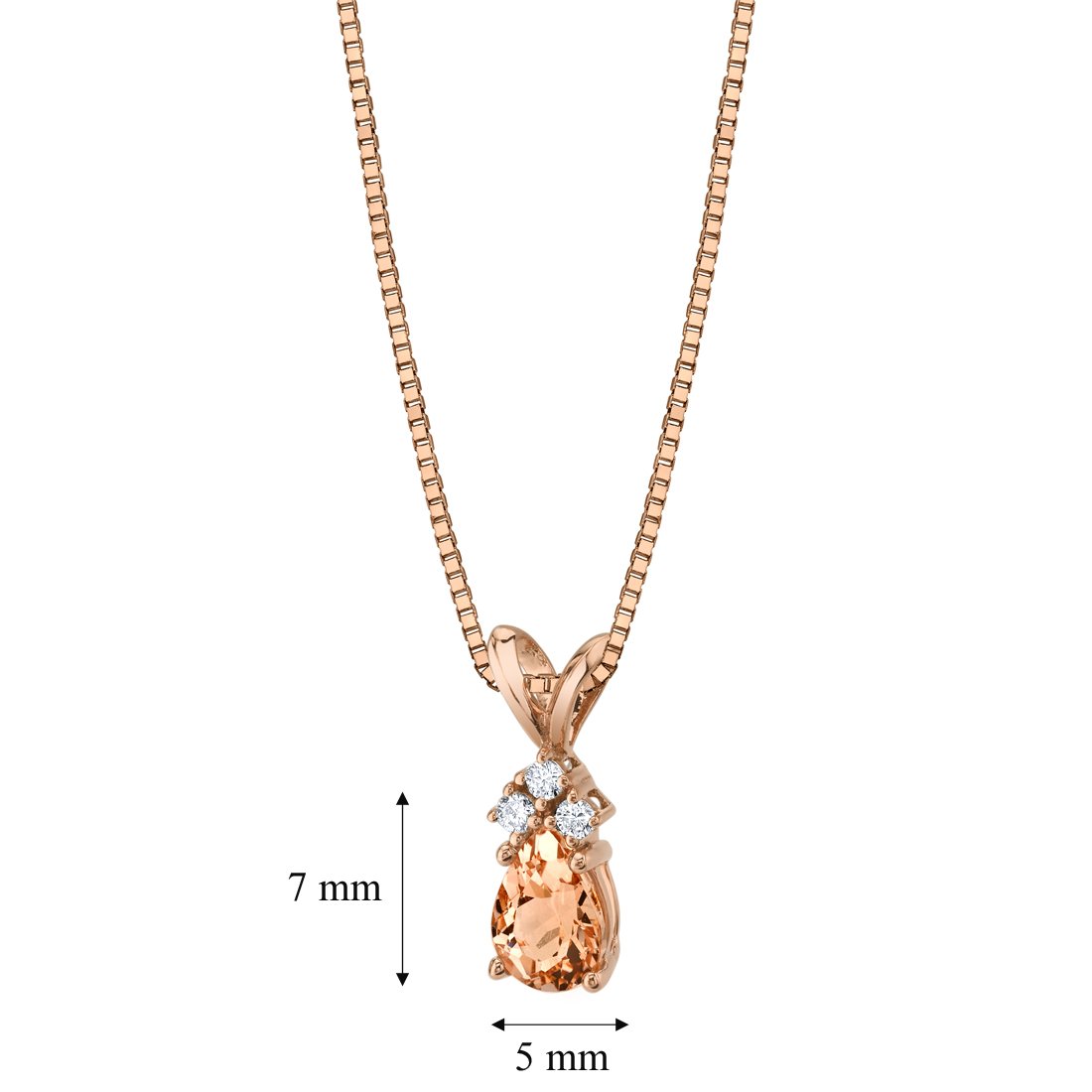 PEORA 14K Rose Gold Morganite and Diamond Pendant for Women, Genuine Gemstone Dainty Teardrop Solitaire, Pear Shape, 7x5mm