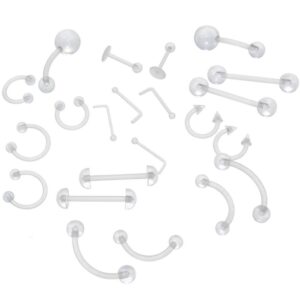 oasis plus 22pcs 14g 16g 18g 20g clear flexible bioplast retainer navel belly ring eyebrow tongue nipple barbell nose lip labret stud