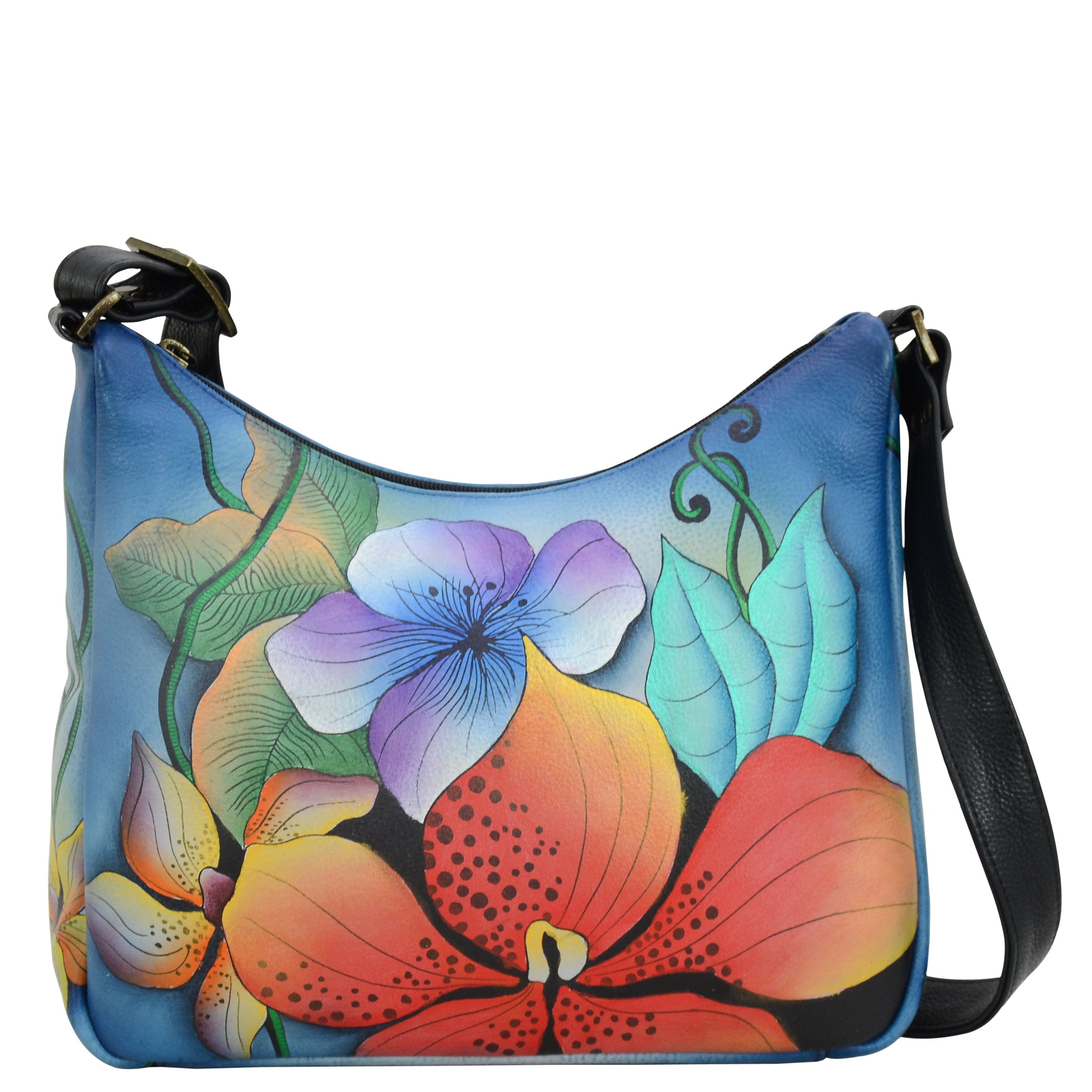 Anna by Anuschka Women's Genuine Leather Medium Hobo Shoulder Bag | Hand Painted Original Artwork | Midnight Floral