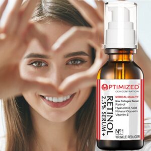 Retinol Serum 2.5% with Hyaluronic Acid, Glycerin, Vitamin E - Reduce Wrinkles, Fine Lines, Even Skin Tone, Sun Spots, Age Spots - Boost Collagen Production 1 fl oz - OPTIMIZED LAB Guaranteed