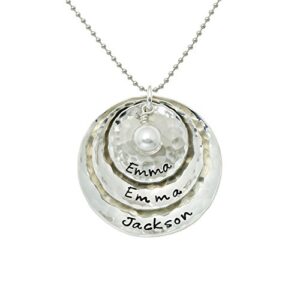 tripio personalized sterling silver necklace with 3 customizable discs, hand finished and adorned with a swarovski pearl. choice of sterling silver chain. gifts for her, mother, grandmother, wife