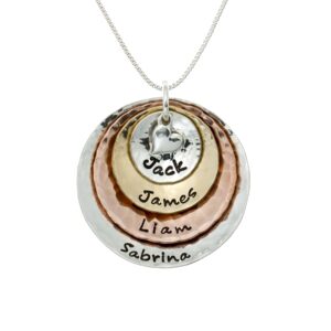 my four treasures personalized necklace with 4 customizable discs in sterling silver, 14k gold plate and rose gold plate with a 925 heart charm