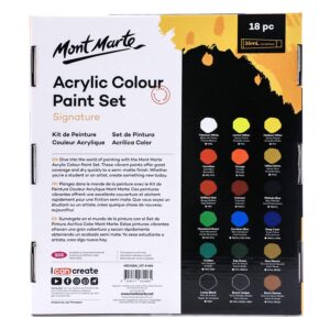 Mont Marte Studio Acrylic Paint Set, 18 Piece, 36ml Tubes. Lightfast Colours with Great Coverage, Ideal for Canvas, Wood, Fabric, Leather, Cardboard, Paper, MDF and Crafts.