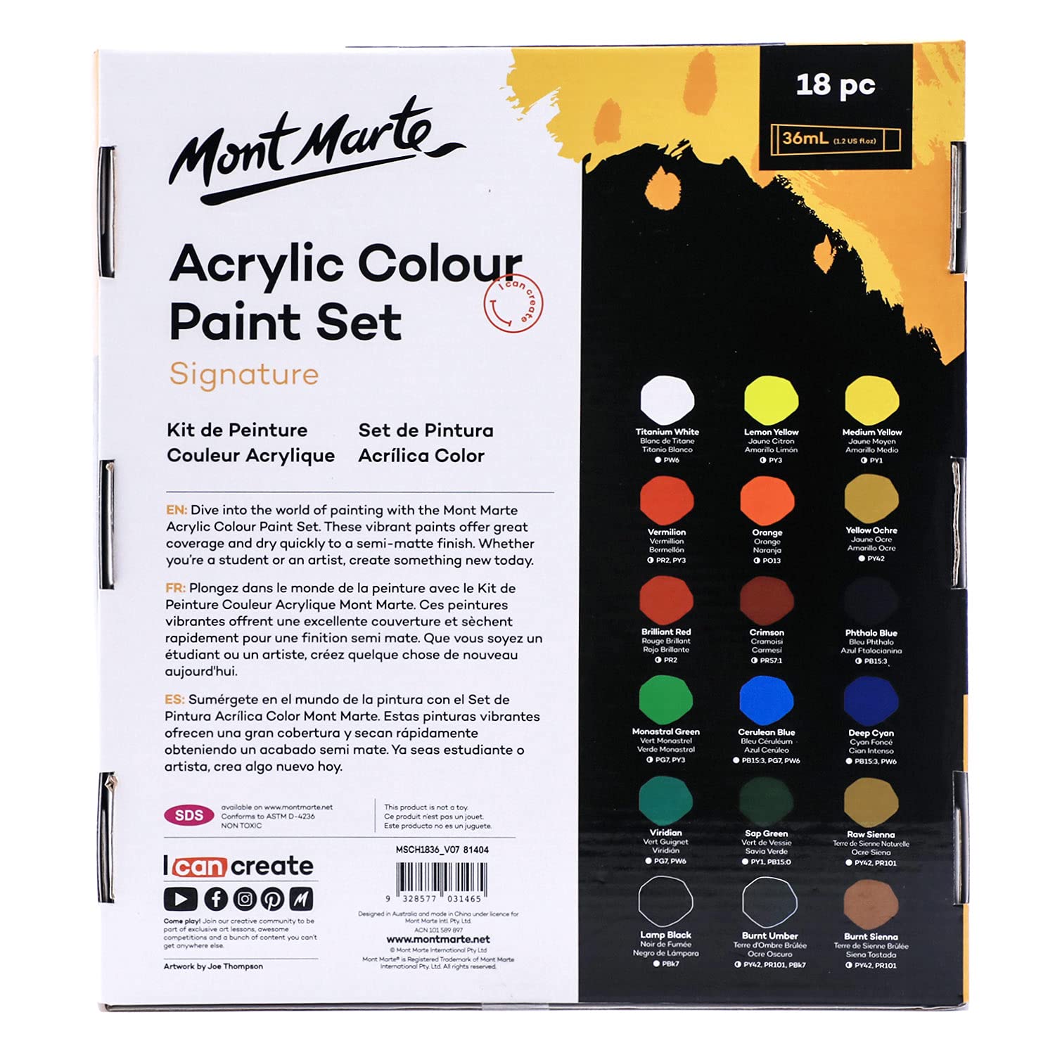 Mont Marte Studio Acrylic Paint Set, 18 Piece, 36ml Tubes. Lightfast Colours with Great Coverage, Ideal for Canvas, Wood, Fabric, Leather, Cardboard, Paper, MDF and Crafts.