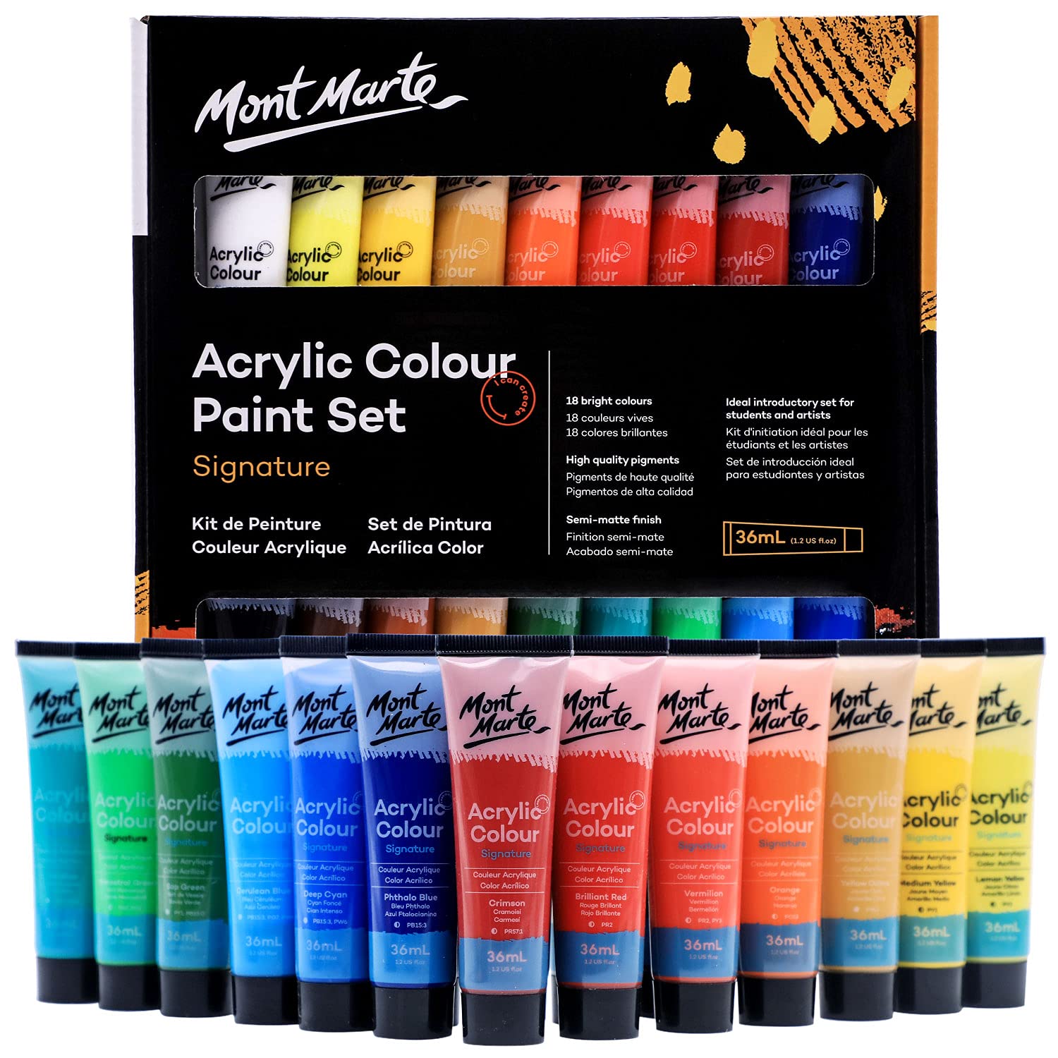 Mont Marte Studio Acrylic Paint Set, 18 Piece, 36ml Tubes. Lightfast Colours with Great Coverage, Ideal for Canvas, Wood, Fabric, Leather, Cardboard, Paper, MDF and Crafts.