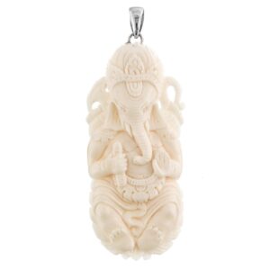 fifirose buddha ganesha god handcarved bison bone 925 sterling silver pendant, 3"