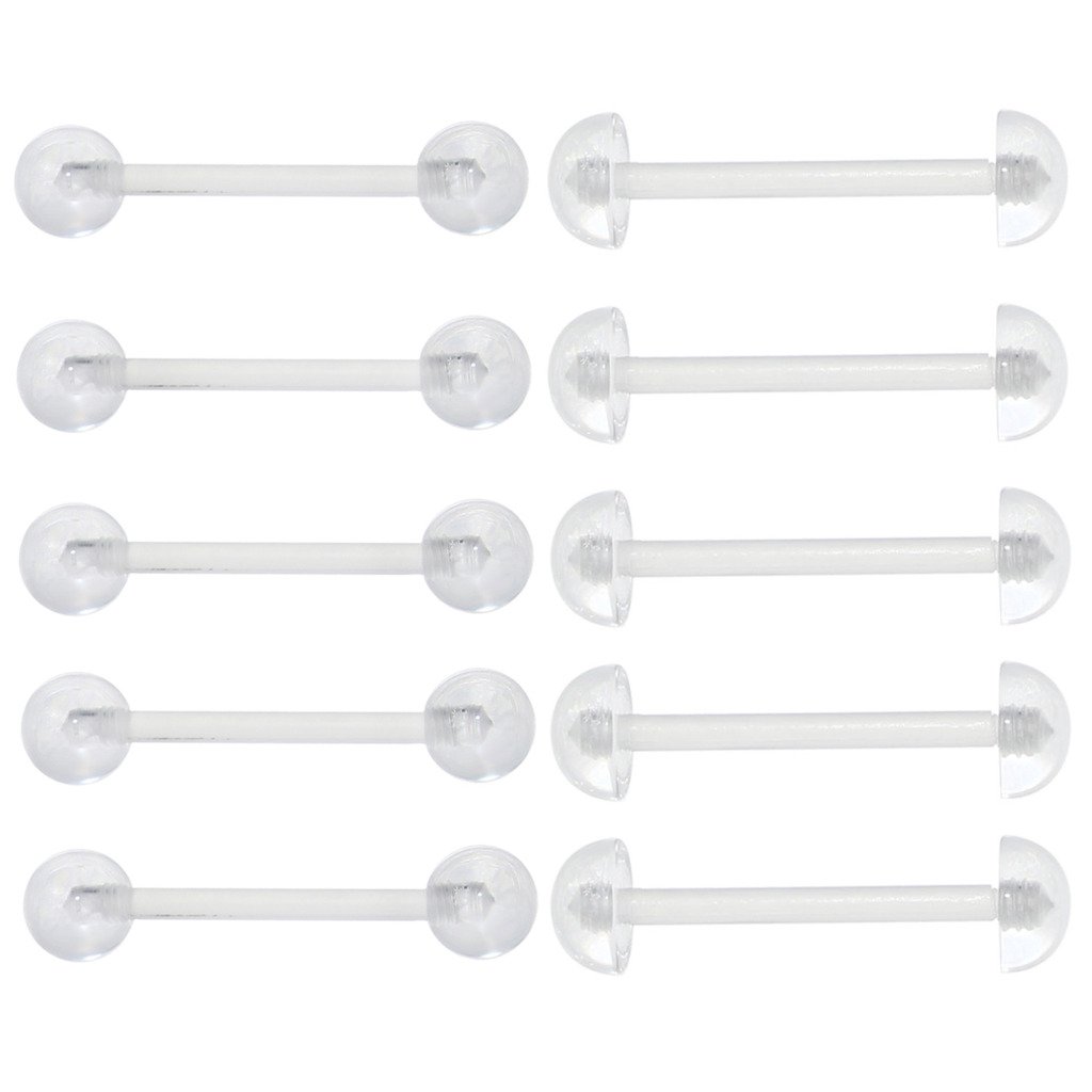 Oasis Plus 10pcs 14G Clear Flexible Plastic Retainer Tounge Ring Nipple Barbell 6mm Balls Body Piercing