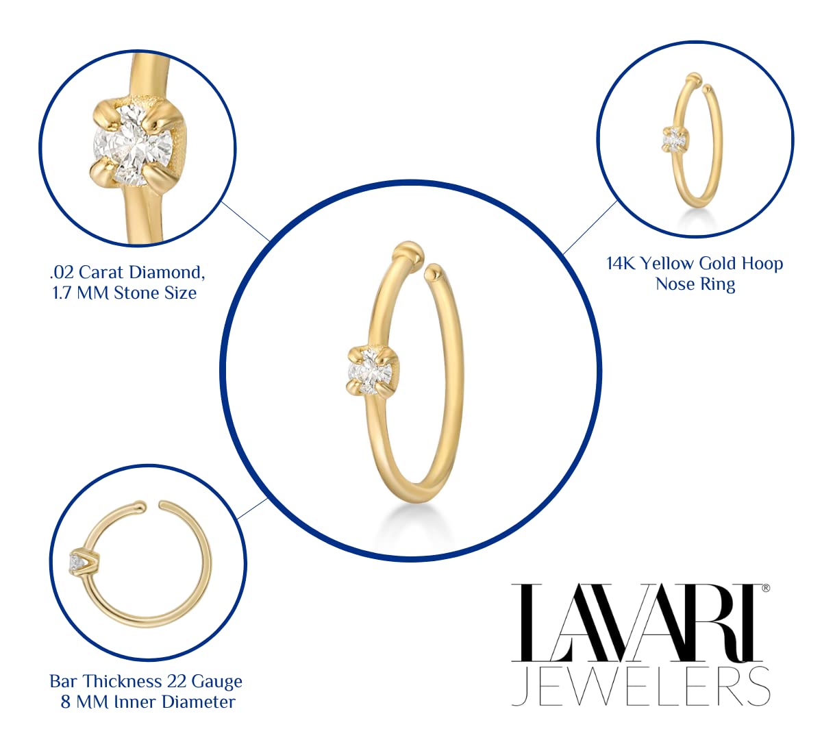 Lavari Jewelers 22 Gauge 0.02 Carat Diamond Hoop Nose Ring in 14k Yellow Gold 1.7 mm