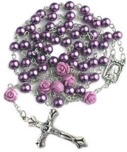 nazareth store catholic purple pearl beads rosary necklace our rose lourdes medal & cross ns