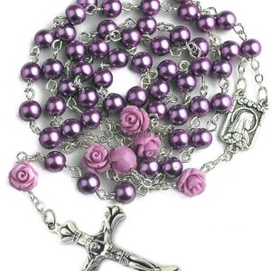 Nazareth Store Catholic Purple Pearl Beads Rosary Necklace Our Rose Lourdes Medal & Cross NS