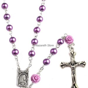 Nazareth Store Catholic Purple Pearl Beads Rosary Necklace Our Rose Lourdes Medal & Cross NS