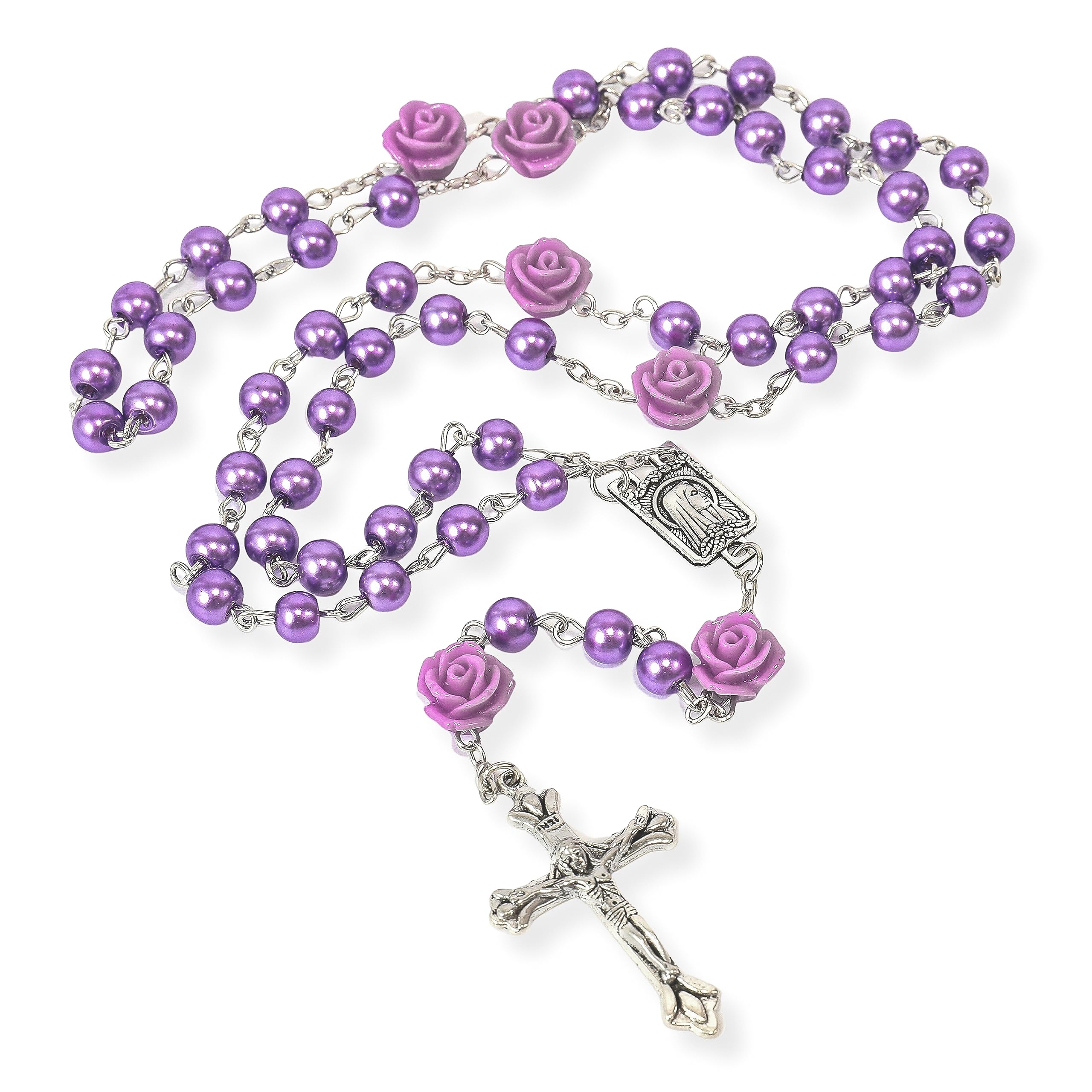 Nazareth Store Catholic Purple Pearl Beads Rosary Necklace Our Rose Lourdes Medal & Cross NS