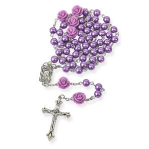 Nazareth Store Catholic Purple Pearl Beads Rosary Necklace Our Rose Lourdes Medal & Cross NS