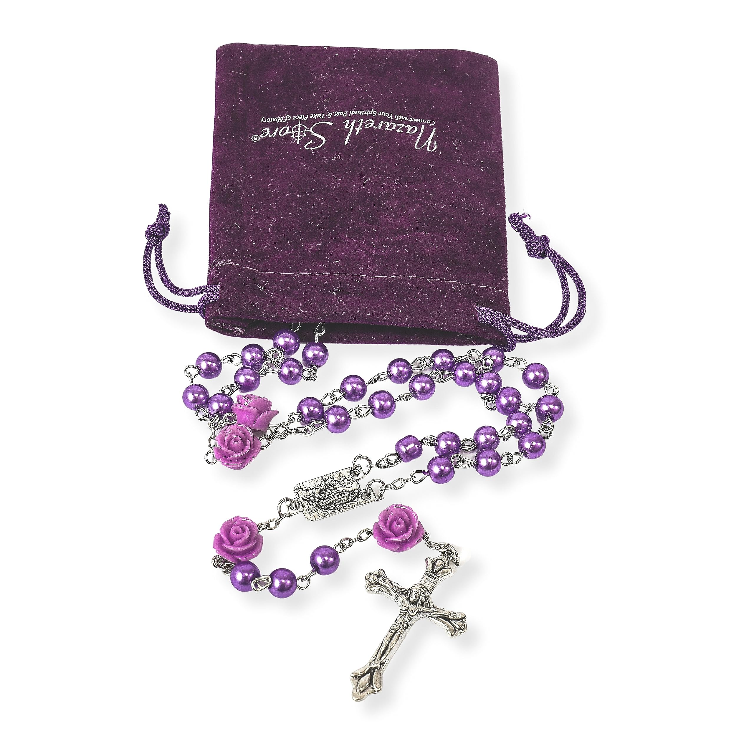 Nazareth Store Catholic Purple Pearl Beads Rosary Necklace Our Rose Lourdes Medal & Cross NS