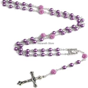 Nazareth Store Catholic Purple Pearl Beads Rosary Necklace Our Rose Lourdes Medal & Cross NS