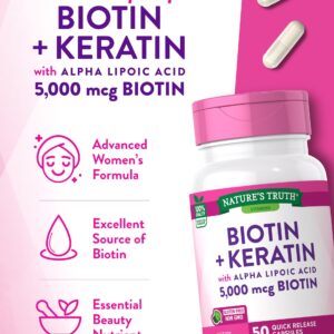 Biotin 5000 mcg | 50 Capsules | With Keratin and Alpha Lipoic Acid | Non-GMO & Gluten Free Supplement | by Nature's Truth