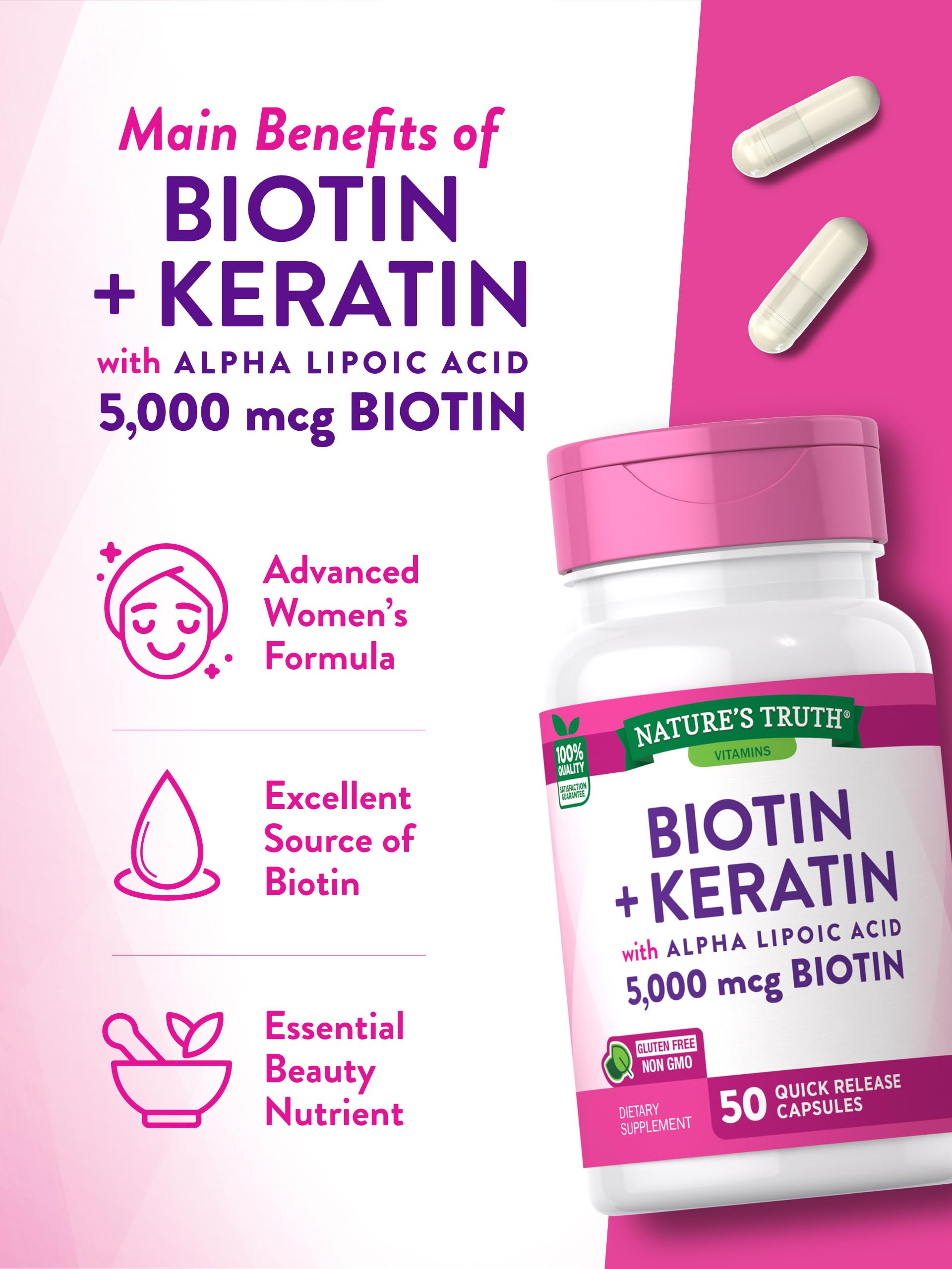 Biotin 5000 mcg | 50 Capsules | With Keratin and Alpha Lipoic Acid | Non-GMO & Gluten Free Supplement | by Nature's Truth