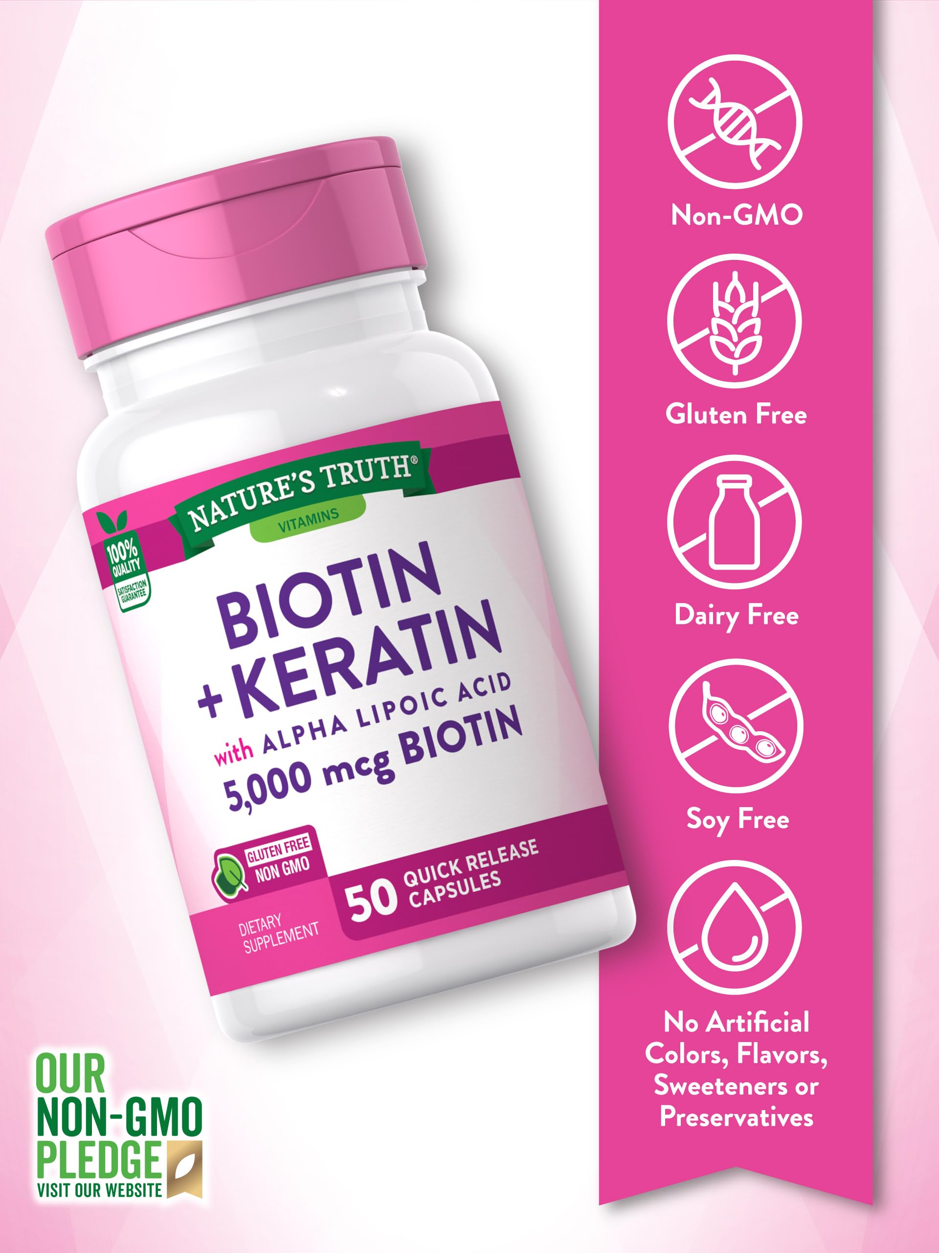 Biotin 5000 mcg | 50 Capsules | With Keratin and Alpha Lipoic Acid | Non-GMO & Gluten Free Supplement | by Nature's Truth