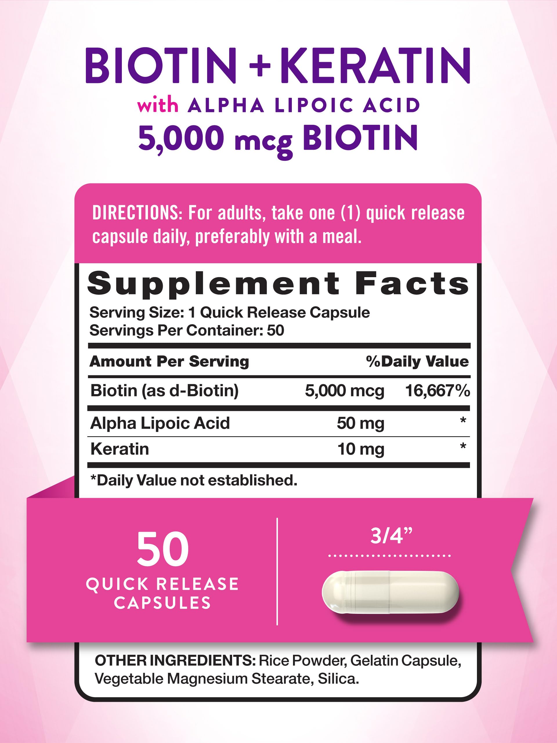 Biotin 5000 mcg | 50 Capsules | With Keratin and Alpha Lipoic Acid | Non-GMO & Gluten Free Supplement | by Nature's Truth