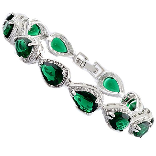 RIZILIA Tennis Bracelet & Pear Cut CZ [Simulated Green Emerald] in White Gold Plated, 7"