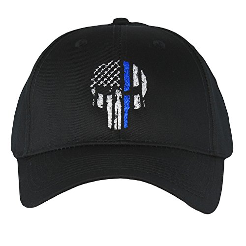 Fantastic Tees Thin Blue Line Skull USA Flag Mid Profile Hat (Black)