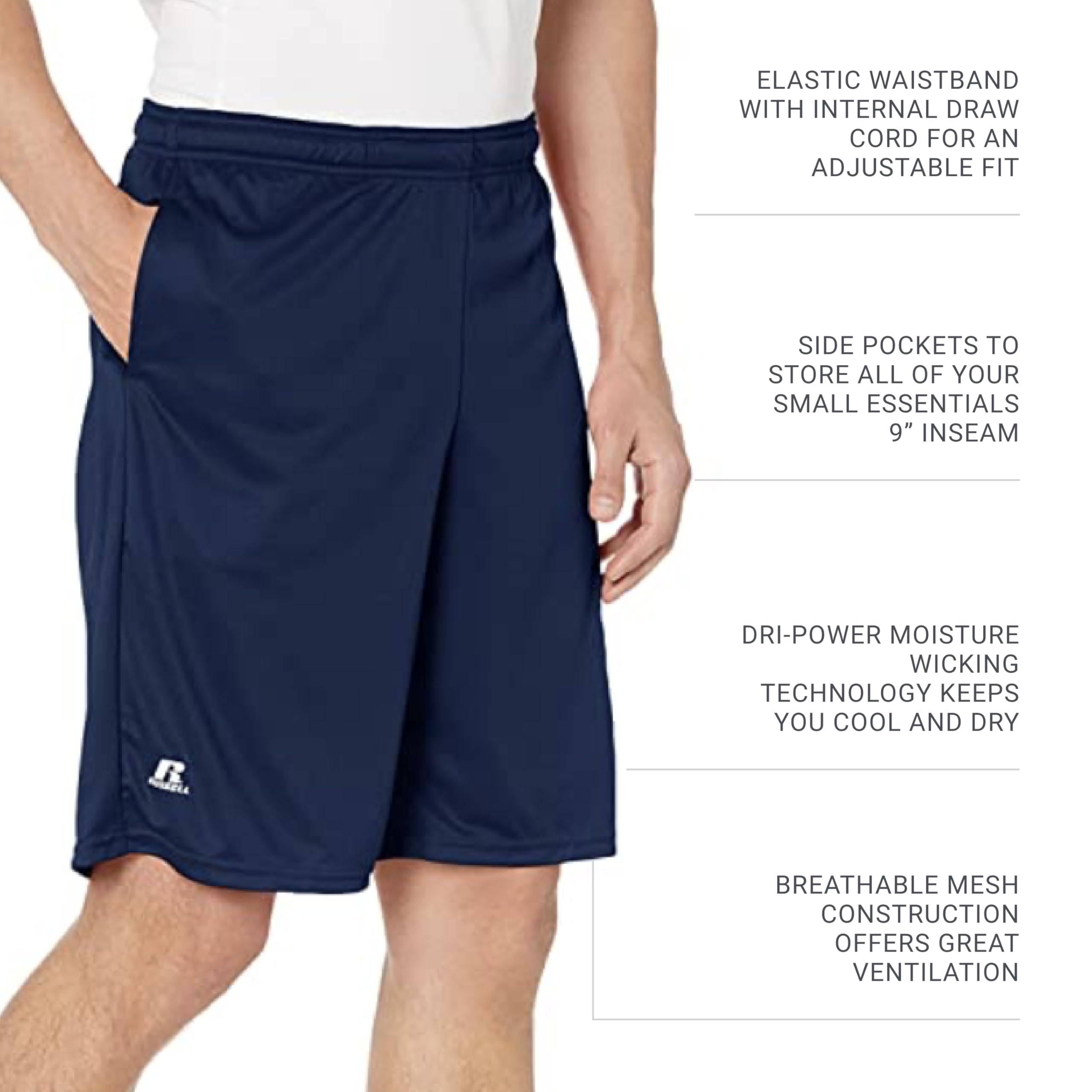 Russell Athletics Men's Dri Power Essential Performance Shorts with Pocket - Workout and Gym Active Wear, Navy, X-Large